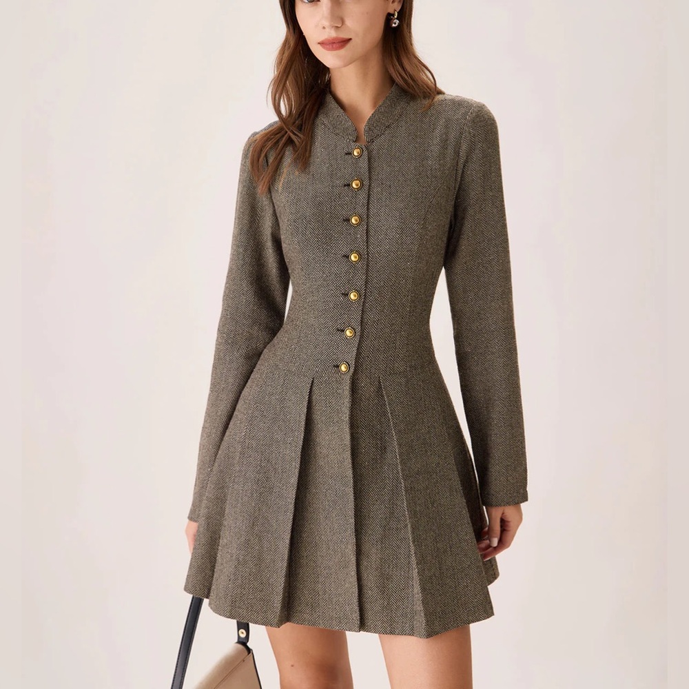 Rihoas Brown Button Pleated Mini Dress